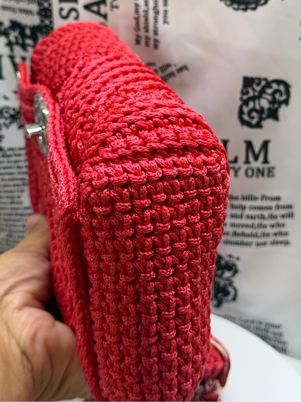 Handcrafted Red Crochet Top-Handle Bag with Scarf Accent - Picture 6 of 8
